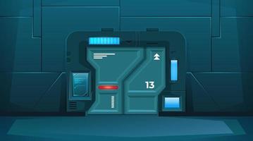 Closed door on spaceship. Background for games. Hallway with locked room. Vector