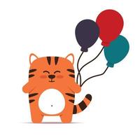 Cute little orange tiger cat in a flat style. An animal with balloons is standing. Happy birthday and holiday greetings. For banner, nursery, decor. Vector hand drawn illustration.