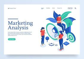 Isometric team of specialists working on digital marketing strategy landing page digital marketing Premium Vector