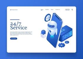 247 service round nonstop customer support isometric concept with ai robot Premium Vector