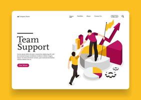 Team support each other and analyzing business business goals and growth isometric concept Premium Vector