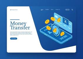 transferencia de dinero desde tarjeta de crédito a diseño vectorial isométrico móvil concepto isométrico de flujo de monedas vector premium