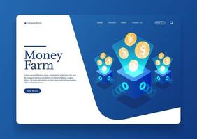 Isometric concept of money flowing farm make money and growth high return Premium Vector