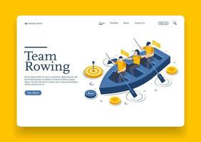 Business team rowing with boat and looking through spotting scope search for right direction Premium Vector