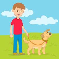 Boy walks with his dog vector