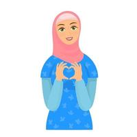 niña en hijab mostrando el símbolo del corazón con sus dedos vector