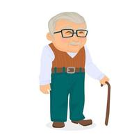 old man with gray hair walking with cane, glasses and sweater