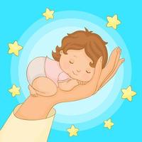 bebé dormido en una mano con estrellas en el fondo vector