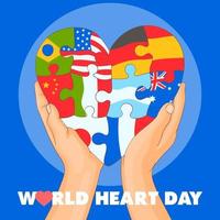 Corazón de rompecabezas con banderas mundiales para crear conciencia sobre el día internacional del corazón vector