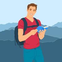 Boy with backpack and book in hand with mountainous background vector