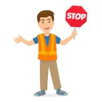 A boy with a stop sign and reflective vest