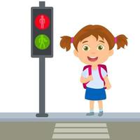 Girl waiting to cross the road next to a traffic light vector