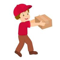 Boy delivering orders. Young man carries a box in his hands. vector