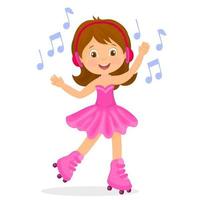 Little girl in a pink tutu dancing with roller skates and listening to music with headphones vector