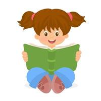 niña con pajaritas, leyendo un libro verde, sentada en el suelo vector