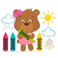 Little bear with a bow in her ear, crayons and drawings in the background vector