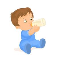 little boy drinking his milk in bottle vector