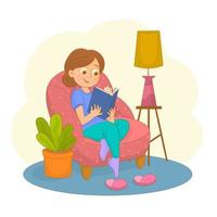 mujer leyendo un libro sentada en su sofá en el interior vector