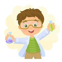 Little scientist with glasses and elements of chemistry in his hands vector