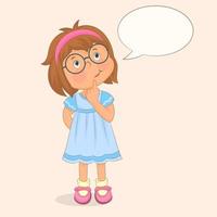Little girl with light blue dress, glasses and headband, thinking confused