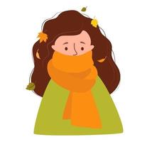 retrato, de, niña, envuelto, en, bufanda, con, otoño, hojas, en, ella, pelo vector