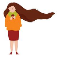 girl with long hair standing with coffee in her hands. Vector illustration
