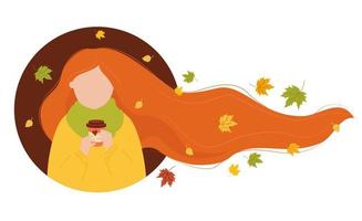 Red-haired Girl with developing long hair with autumn leaves with coffee. Vector illustration