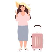 turista hermosa chica con sombrero de sol y junto a la maleta con ruedas. manos levantadas en asana, medita. ilustración vectorial vector
