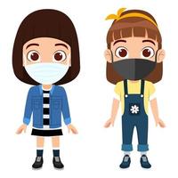 Cute beautiful kid girl characters wearing beautiful outfits and facial fabric mask standing and posing vector