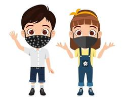 Cute beautiful kid boy and girl characters wearing beautiful outfits and facial fabric mask standing and posing waving vector