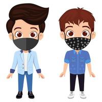 Cute beautiful kid boy characters wearing beautiful outfits and facial fabric mask standing and posing isolated on white background