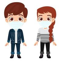 Cute beautiful kid boy and girl character wearing beautiful outfits and facial mask standing and posing vector