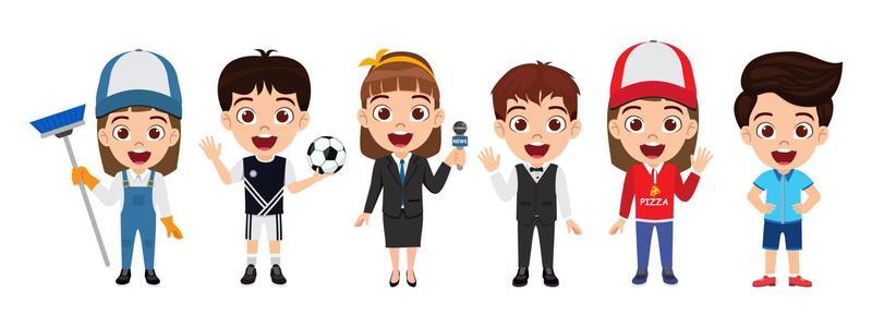 Kid professionals character set cleaner reporter pizza delivery man isolated