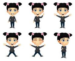 Happy cute Mascot kid girl character doing different action with different emotion and facial expression waving jumping vector