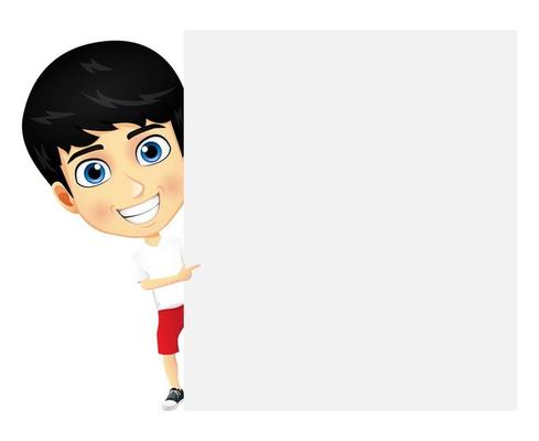 Happy cute mascot kid boy and girl character standing behind and pointing to blank placard