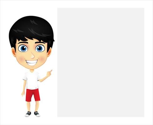 Happy cute mascot kid boy and girl character standing and pointing to blank placard