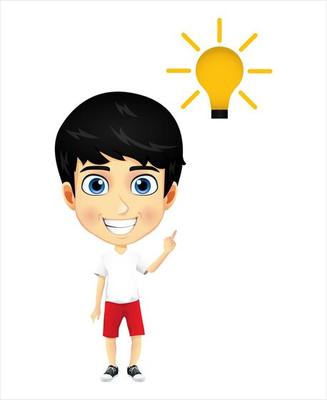 Happy cute mascot kid boy and girl character standing and pointing to idea symbol idea concept