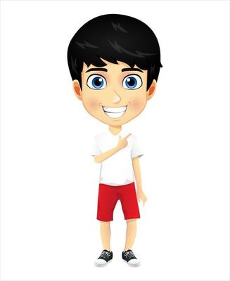 Happy cute mascot kid boy and girl character standing and pointing isolated