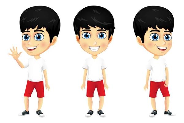 Happy cute mascot kid boy and girl character standing and doing different actions posing waving
