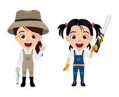 Happy cute kid girl professionals character standing carpenter fisherman isolated vector