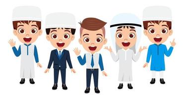 Happy cute Muslim Arab kid boy student and businessman characters standing together and waving vector