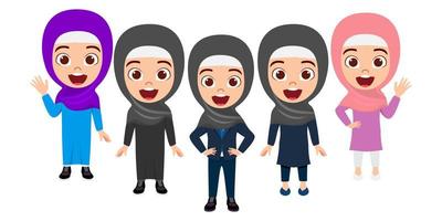 Happy cute Muslim Arab kid girl student and businessman characters standing together and waving