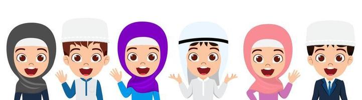 Happy cute Muslim Arab kid boy and girl student and businessman characters standing together and waving isolated on white background