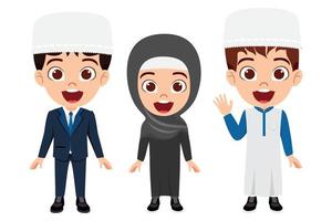 Happy cute Muslim Arab kid boy and girl student and businessman characters standing together and waving vector