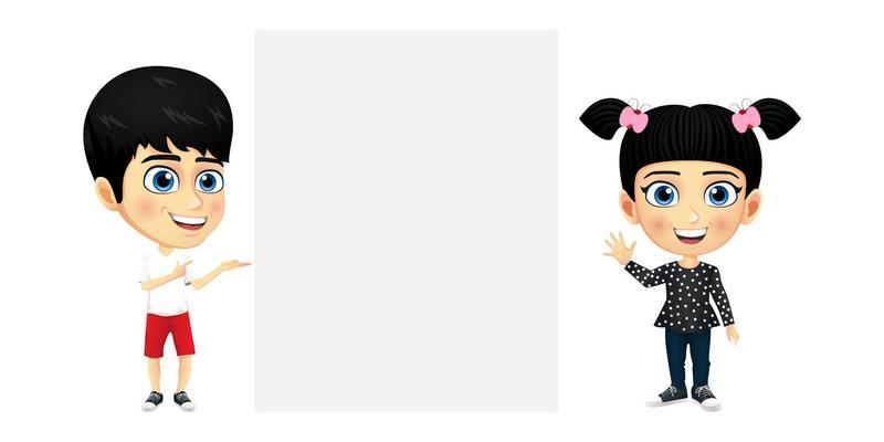 Happy cute mascot kid boy and girl character standing and pointing to blank placard and waving
