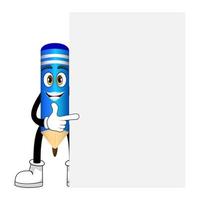 Happy cute mascot pencil character standing behind and pointing  to blank placard together with cheerful facial expression isolated vector