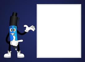 Mascot pen character standing and pointing to blank placard board isolated with cheerful expression on white background vector