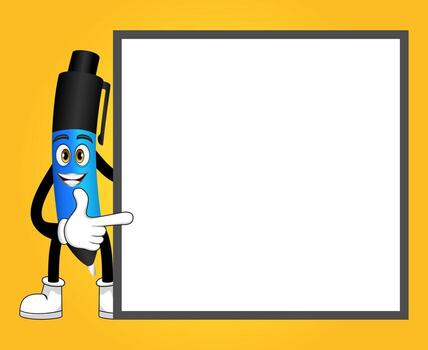 Mascot pen character standing and pointing to blank placard board isolated with cheerful expression vector