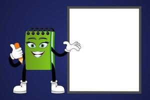 Mascot notepad character standing and pointing to blank placard board vector