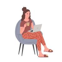 A young woman in home clothes with a cup and a laptop is sitting in an armchair vector